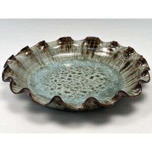 9.5" Green/Brown Glazed STUDIO POTTERY Scalloped Edge Round Platter Serving Dish